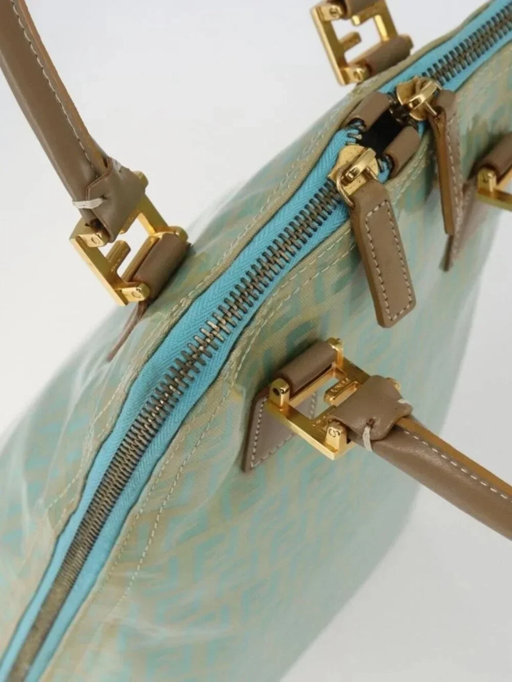 FENDI Zucchino Canvas Hand Bag Enamel Light Blue Gold Auth 159738 - Picture 7 of 16